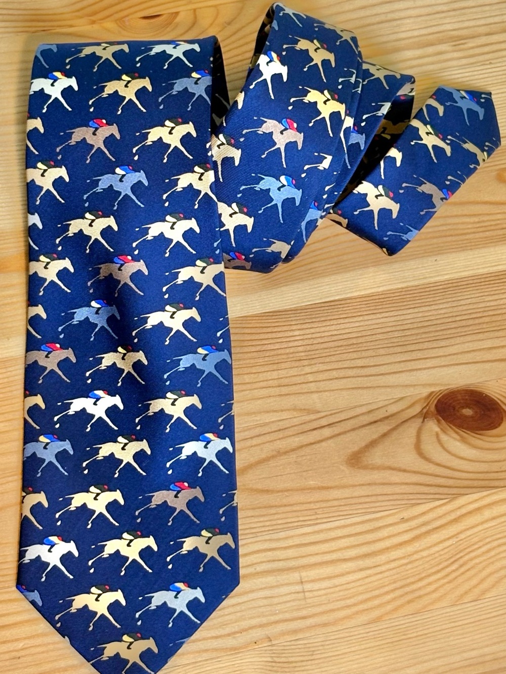Navy Horse Racing Print Silk Tie